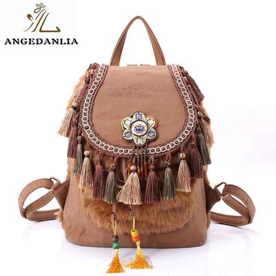 Fashion animal fur with beaded design cute girl small leather weekend backpack
