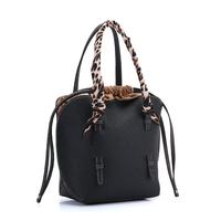 Square Black Ladies Cross Body Handbag PU Leather Tote Bag with Leopard Print Flannel