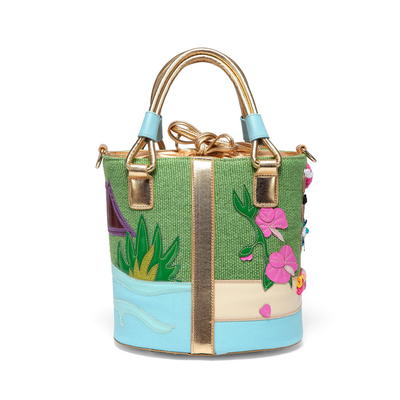 RKY0742 Angedanlia stitching PU leather custom cartoon embroidery canvas shoulder tote bucket bag