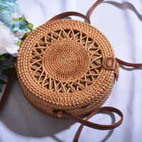 RKY0559 Angedanlia high quality women beach Vietnam rattan bag round bali woven with leather strap