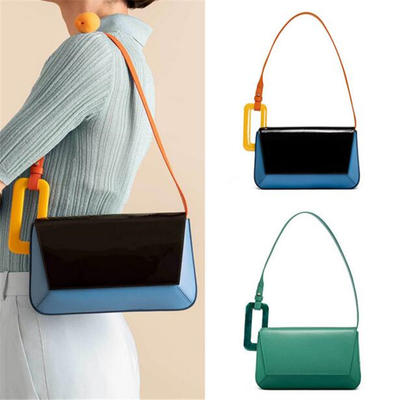 Irregular geometric stitching contrast color bag resin square buckle handbag 2019 new tide under the package